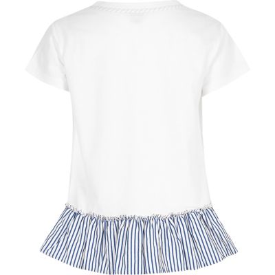 Girls white stripe la vie peplum T-shirt